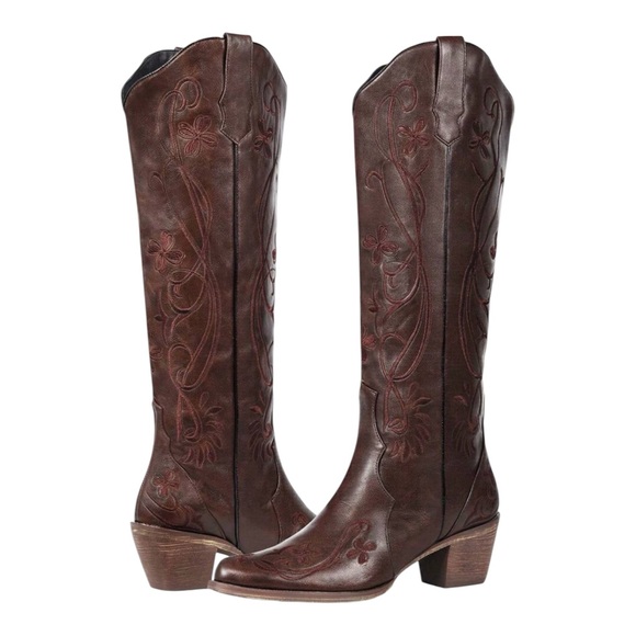 Shoes - Wide Calf Friendly Embroidered Brown Knee High Western Cowgirl Pointed Toe Boots
